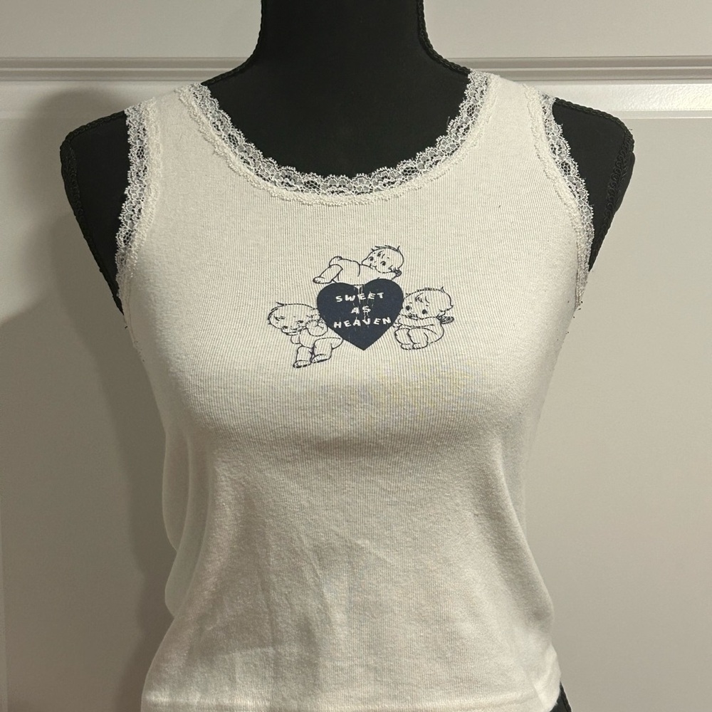 Brandy Melville Women's White Lace Trim Tank Top